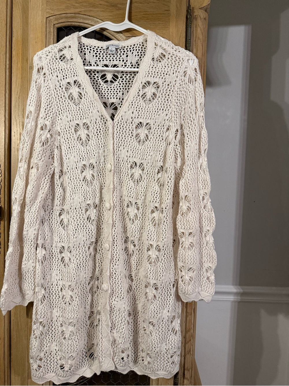 Joan Rivers Light Cream Openwork Crochet Button Cardigan